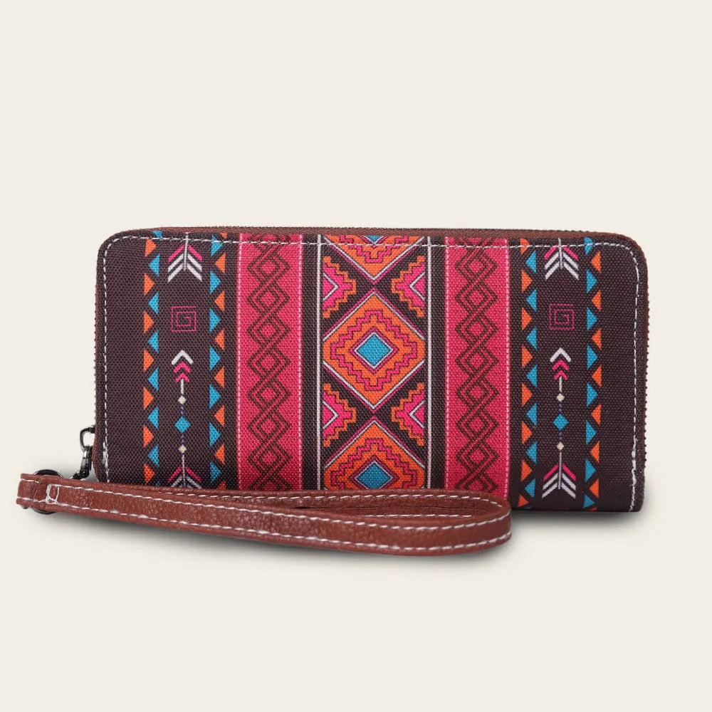 Bohemian striped pattern canvas RFID wallet showing interior and exterior dimensions of 20x10x2cm