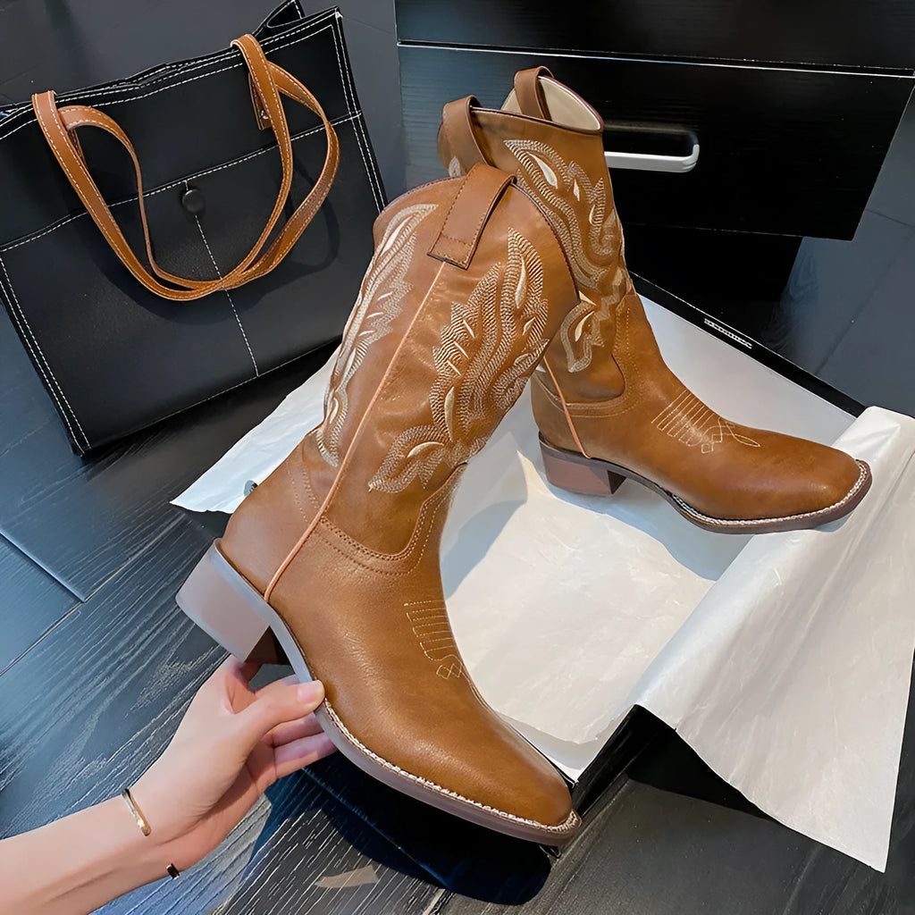 Brown women's embroidered mid-calf Martin boots with leather lining and square heel