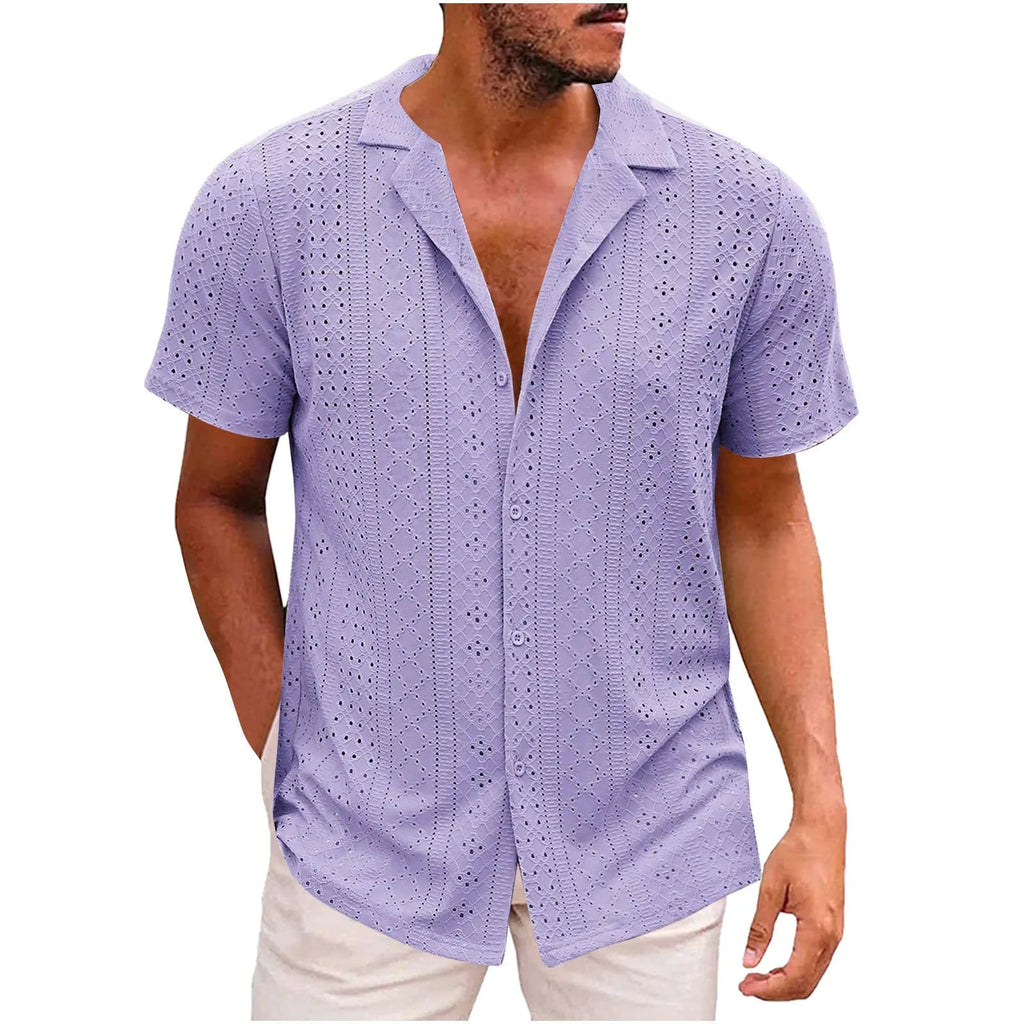 Men's breathable lightweight polyester casual shirt with lapel collar, regular fit, in white, black, wine red, grass green, light blue, purple, dark green.