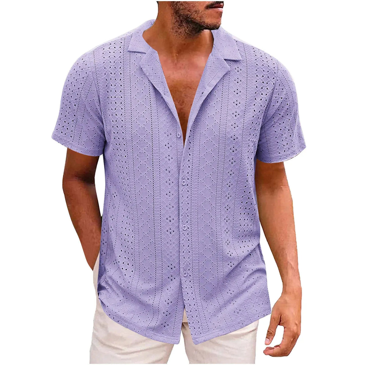 Men's breathable lightweight polyester casual shirt with lapel collar, regular fit, in white, black, wine red, grass green, light blue, purple, dark green.