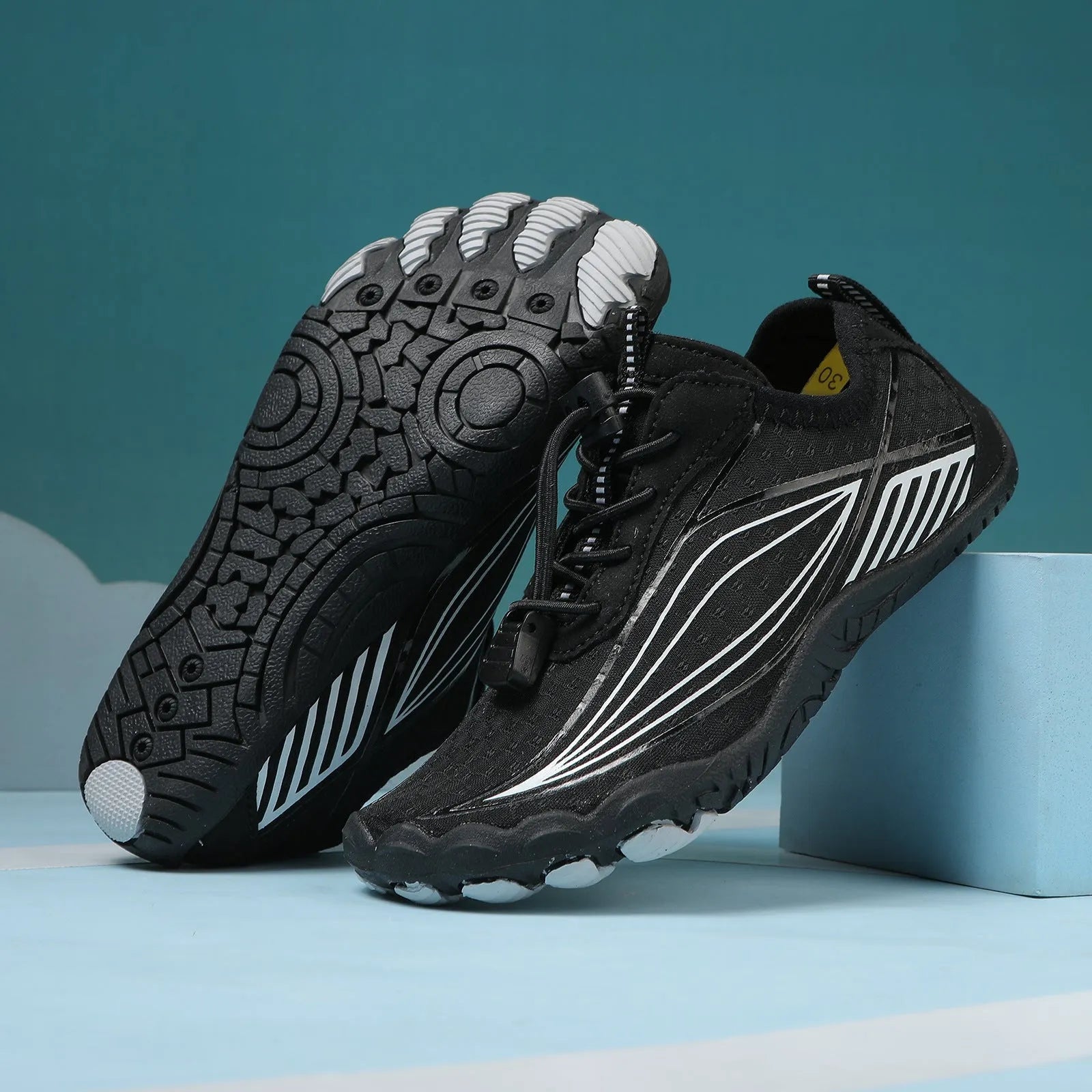 Children's black water shoes with rubber soles and elastic bands for beach and outdoor activities