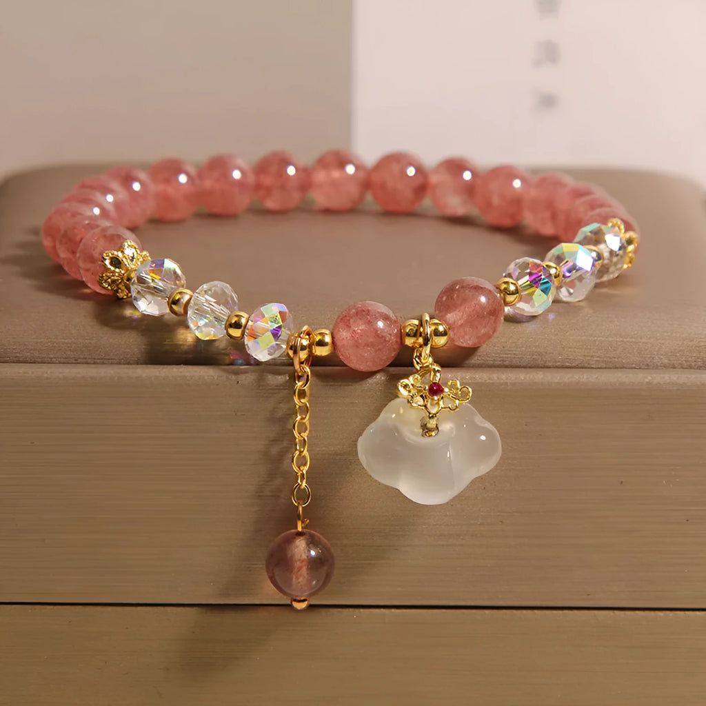 Women's adjustable strawberry quartz crystal bracelet with white agate stones and auspicious cloud charm