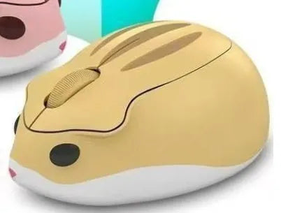 Hamster 109E Bluetooth wireless mute mouse in yellow, pink, and grey colours, showing compact size.