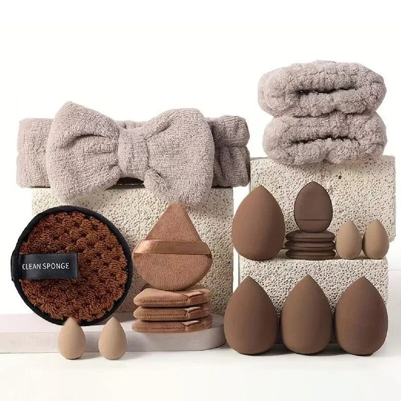 Hydrophilic non-latex beauty tools set in brown, pink and purple colours for facial cleansing and makeup