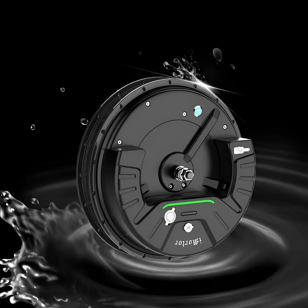 Black alloy hub wheel with integrated Imotor 3.0 electric bicycle conversion motor