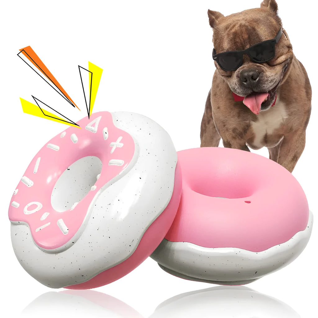 TPR molar teeth cleaning donut dog toy in pink, chocolate or yellow with textured surface