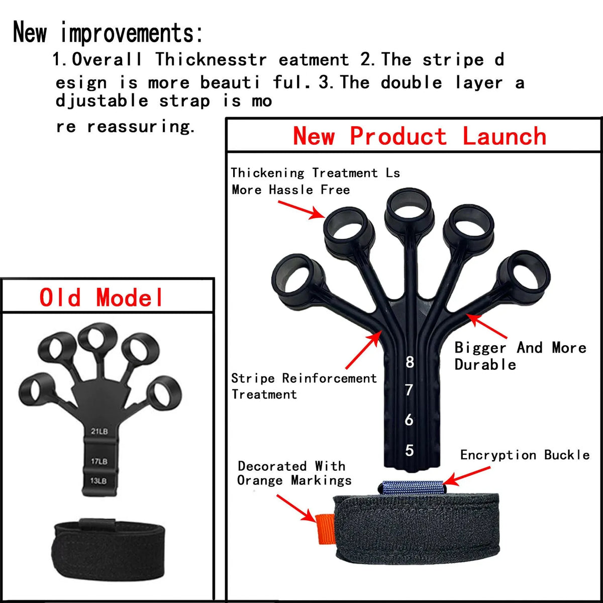Silicone finger flexion and extension rehabilitation trainer with adjusting belt in black or grey.