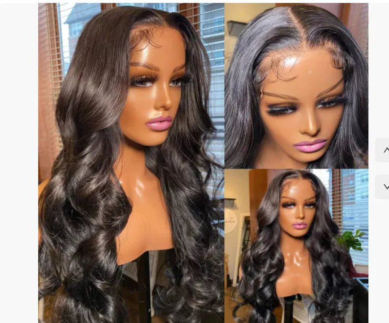 Black synthetic full-head wig with medium-long curly waves, shown on a model or wig stand.