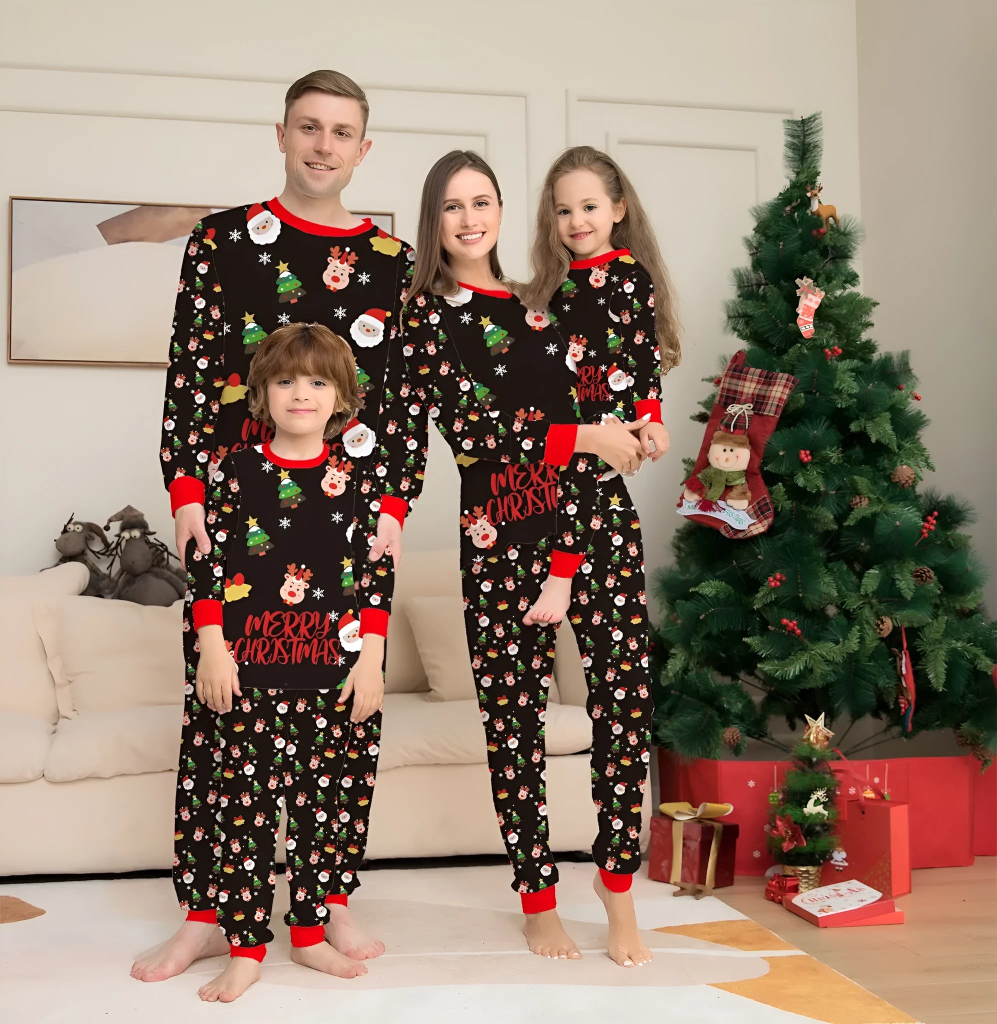 Family matching Christmas pyjamas set in red plaid print for adults, children, baby and dog