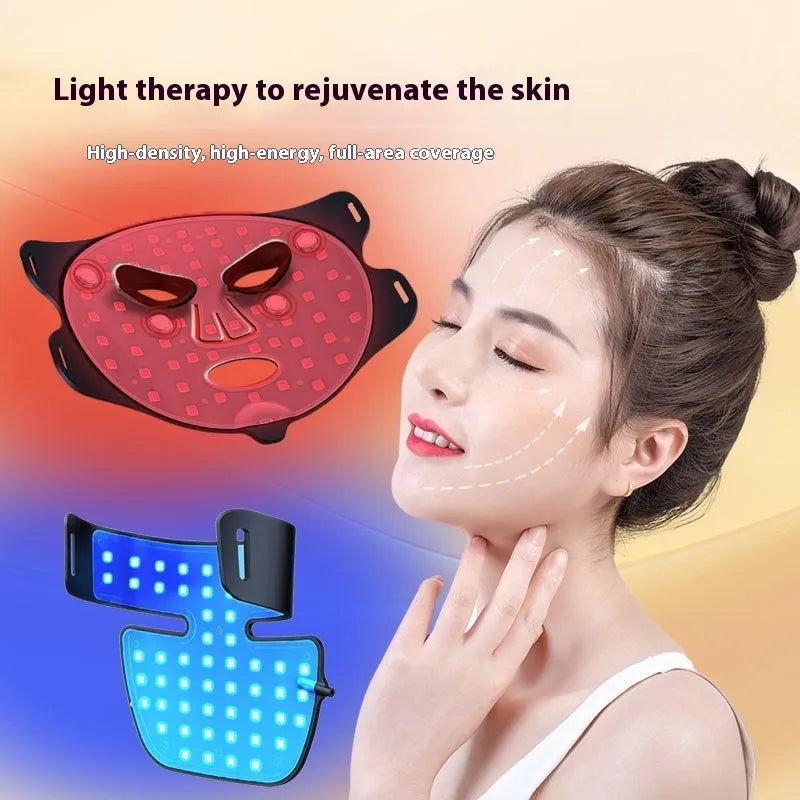 Black LED photon light therapy face mask with neck piece for at-home skin treatment.