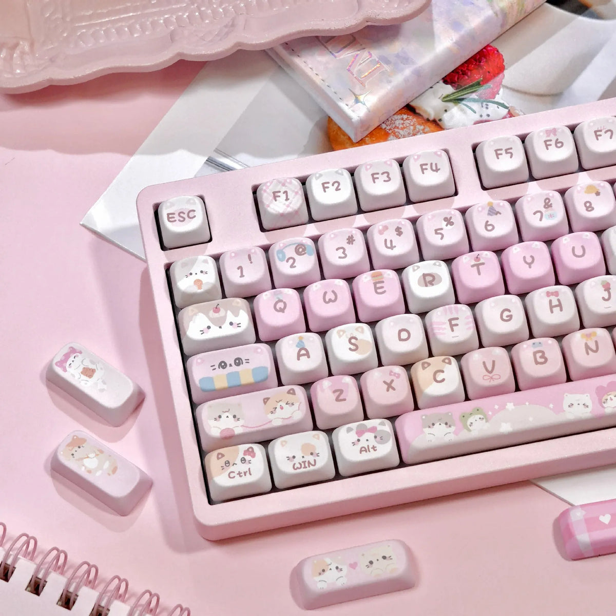 Set of pink cartoon-design MOA-height keycaps for mechanical keyboards, showing five-sided sublimation print.
