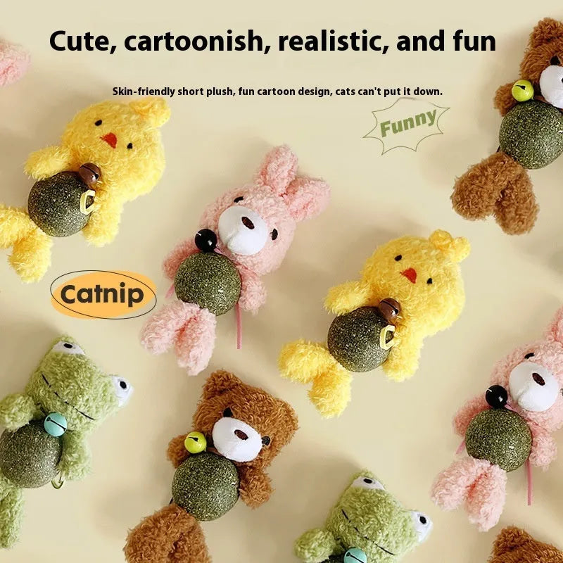 Plush cat toy with catnip ball and bell in brown bear, pink rabbit, piyopiyo or green frog colours