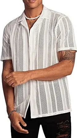 Men's black knitted short-sleeve button-up shirt with a cardigan style and Jacquard texture on a hanger.