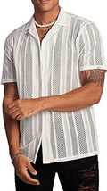 Men's black knitted short-sleeve button-up shirt with a cardigan style and Jacquard texture on a hanger.