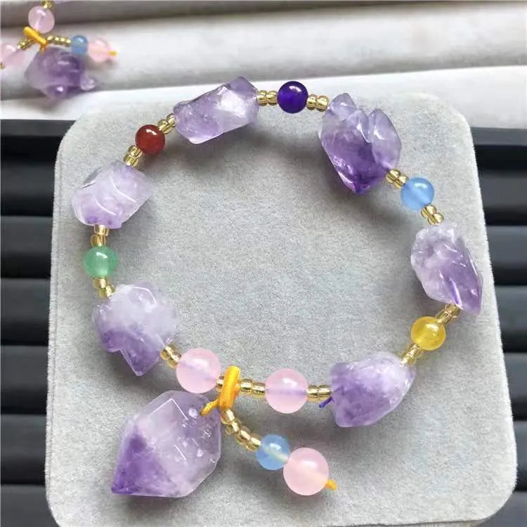 Women's natural shaped amethyst bracelet with fu character bead, adjustable 18-20 cm length