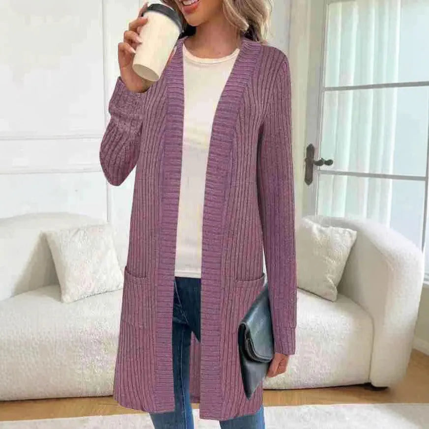 Long sleeve loose fit knitted cardigan jacket in black, wine red, or grey.