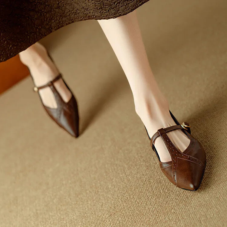 Brown pointed toe women's flat shoes with a low-cut design and metal detail.