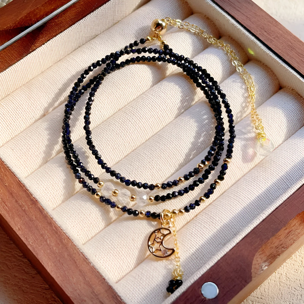 Blue sand stone three-ring bracelet for women with gold accents and multi-layer construction