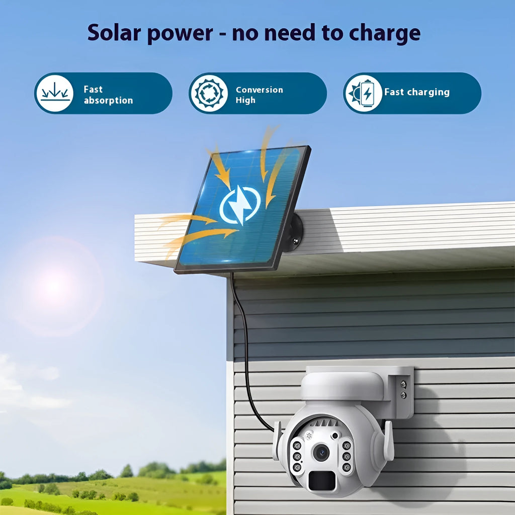 Outdoor solar security camera with camouflage finish showing integrated solar panel and lens