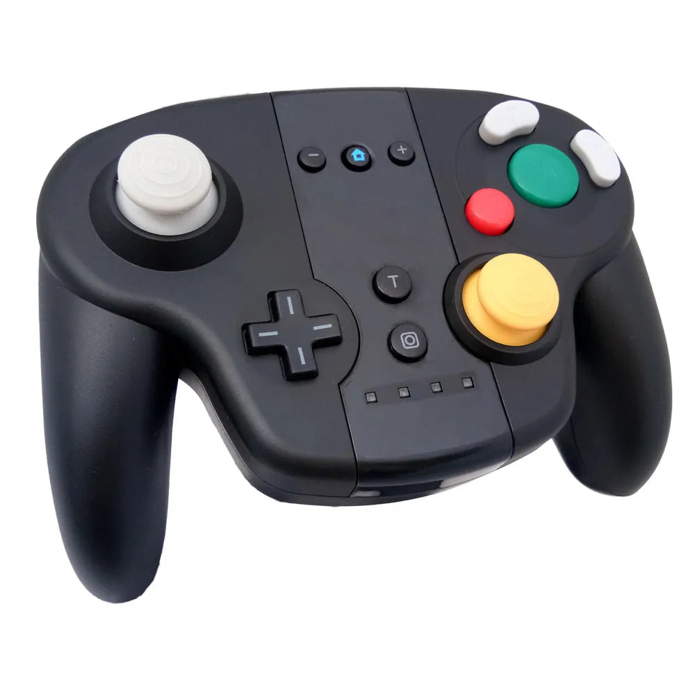 Black wireless gamepad with NFC and gyroscope for Switch and Windows PC showing Type-C port and buttons