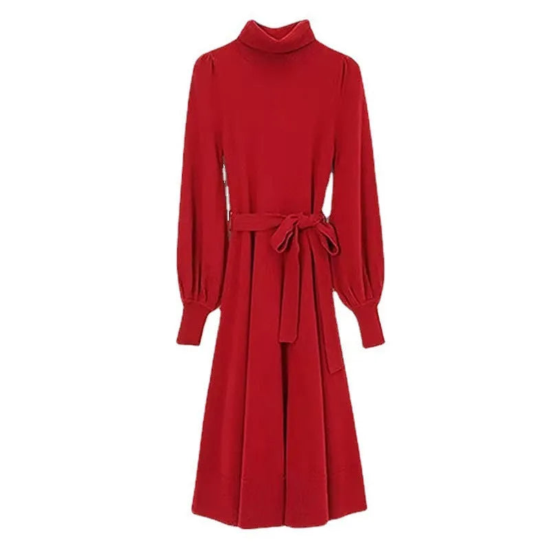Turtleneck knit dress with elastic waist and loose big hem in solid colour
