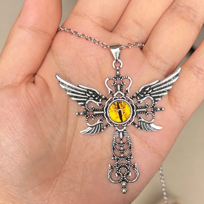 Creative geometric devil wings cross alloy pendant necklace in blue, green, purple, red, and yellow colour options.