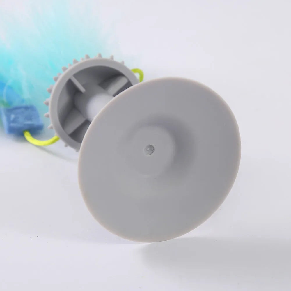 Blue cat toy wand with suction cup, double haired prick head, and plastic grinding teeth element.