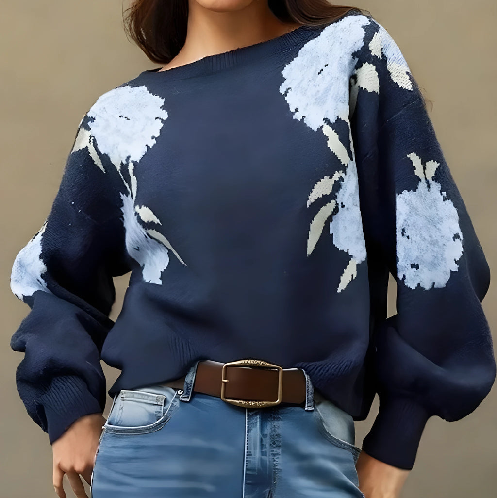 Sapphire Blue women's loose pullover with woven floral jacquard pattern and off-neck collar.