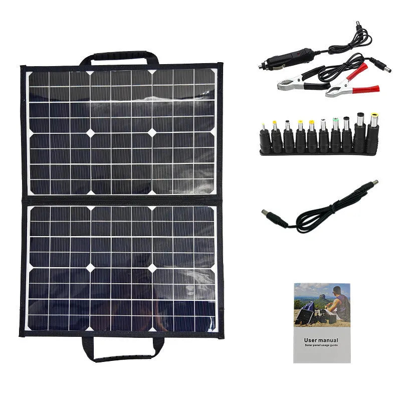 Black folding solar panel bag showing 40W single crystal cells and compact 425mm folded dimensions