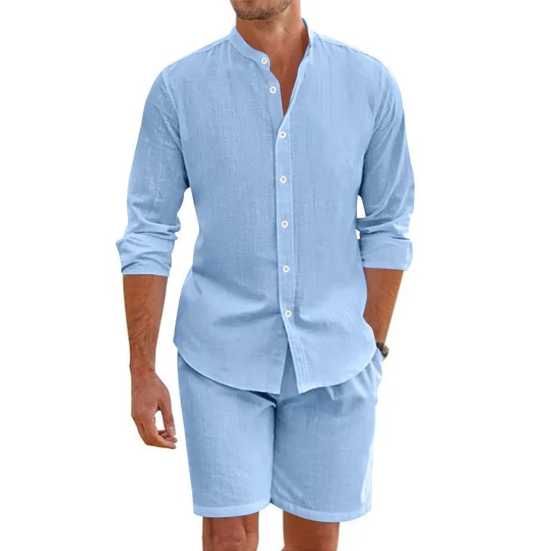 Men's dark grey short sleeve button-down shirt and matching drawstring shorts casual summer suit