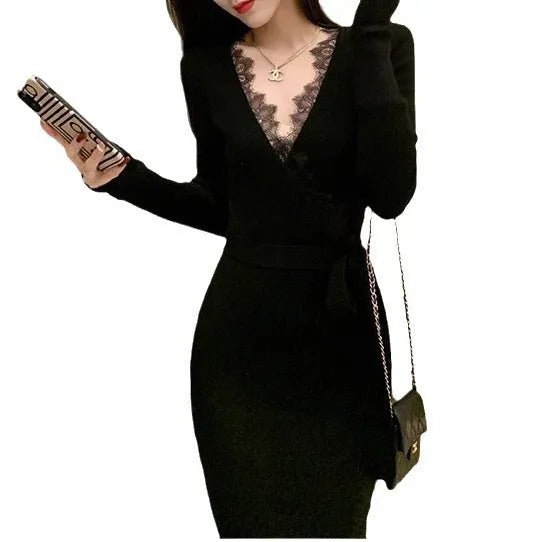 Black women's slim fit A-line woolen skirt, polyester princess dress on hanger.