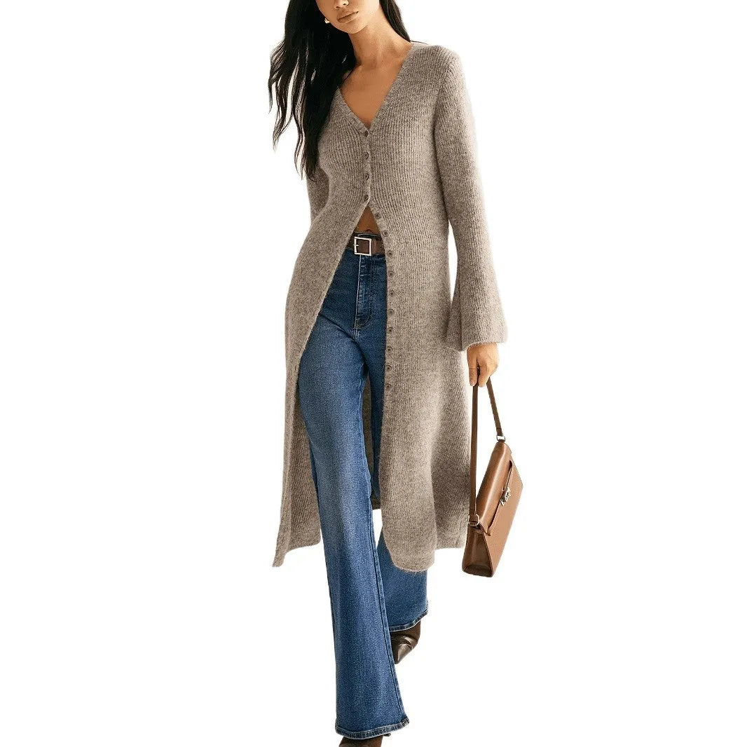 Khaki French style long sleeve cardigan coat with button front closure on mannequin