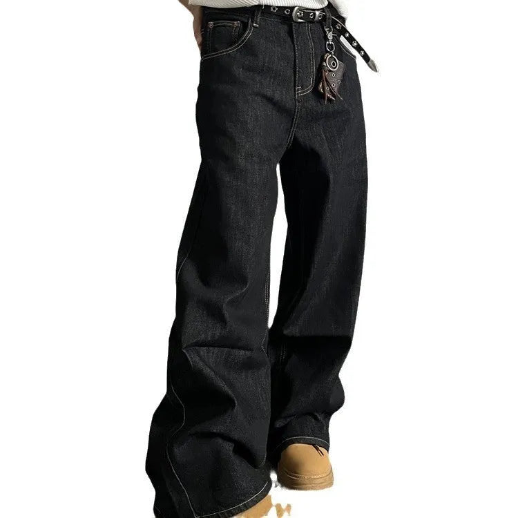 Black retro straight-leg jeans with loose wide-leg fit and mid-rise waist