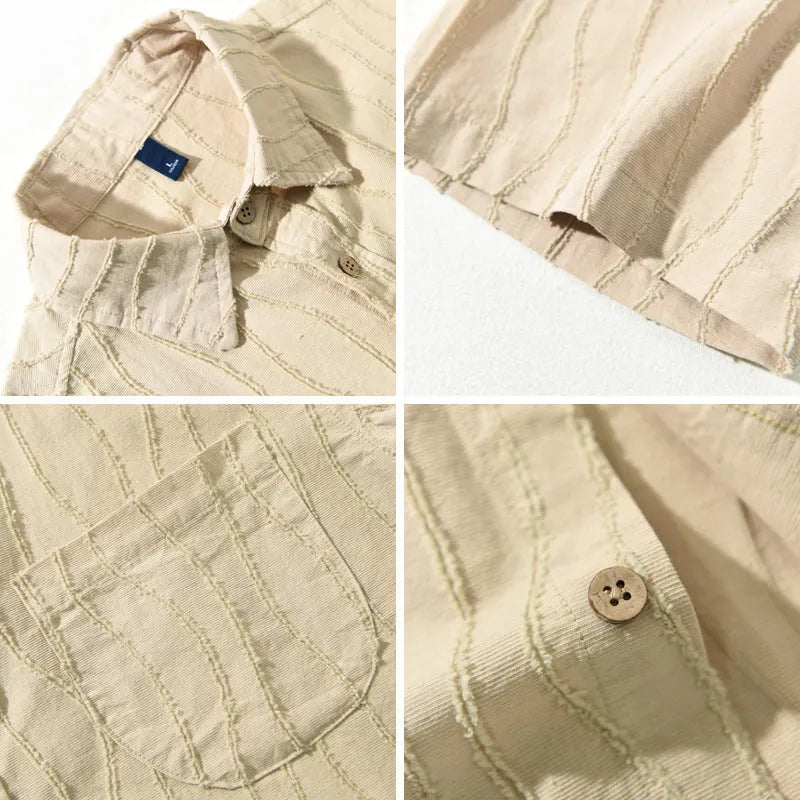 Men's pure cotton short sleeve casual shirt in loose Japanese fresh style available in apricot or army green