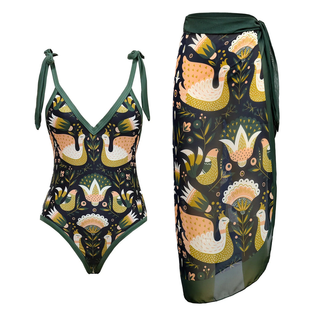 Women's solid colour one-piece swimsuit with spaghetti straps and attached skirt in polyester fabric