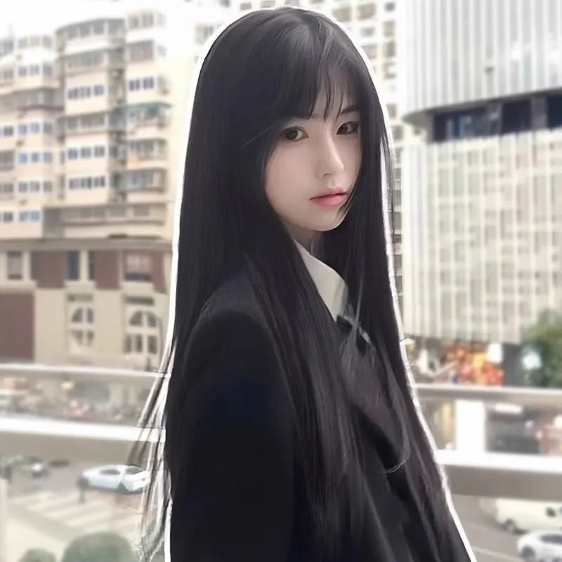 Long straight black synthetic wig with bangs, made from high temperature fibre for women.
