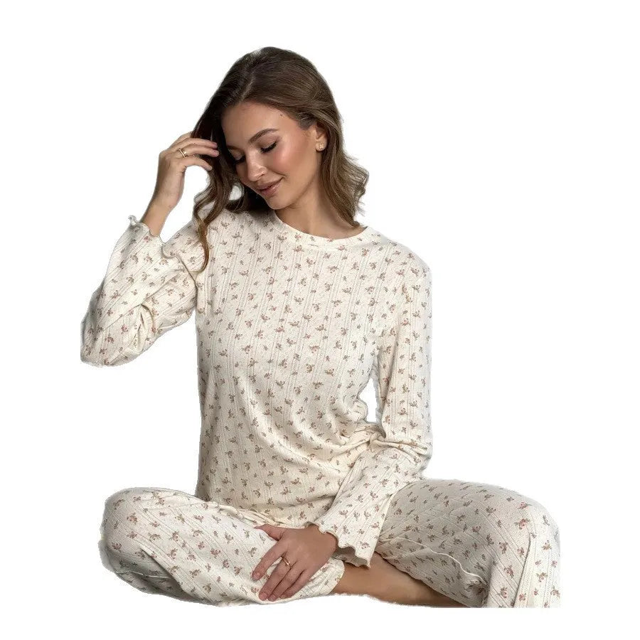Women's white floral print two-piece suit set with bell sleeve top and wide leg trousers
