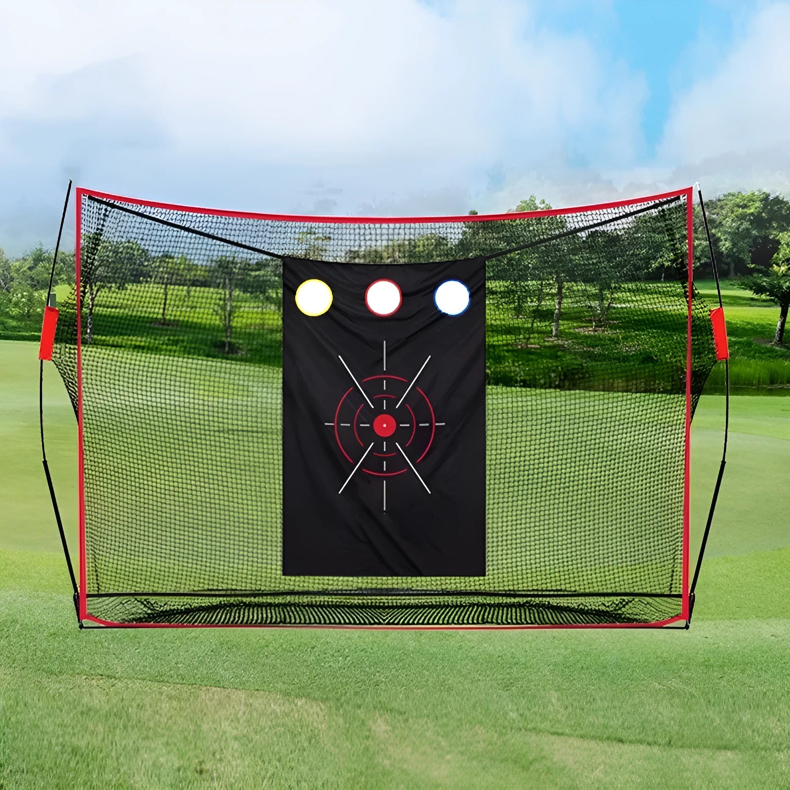 Golf training net with three target holes, practice balls, tee and assembly accessories on straw mat