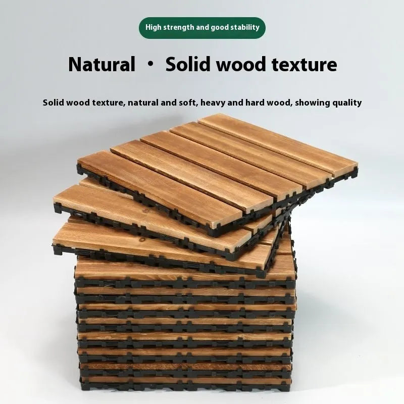 Camphor pine wood flooring tiles with brushed finish in 30x30cm dimensions for indoor and outdoor use