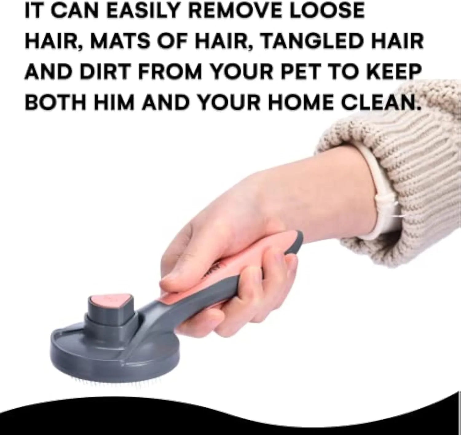 Self cleaning slicker brush for cats and dogs with non-slip handle in grey green or pink removing loose fur