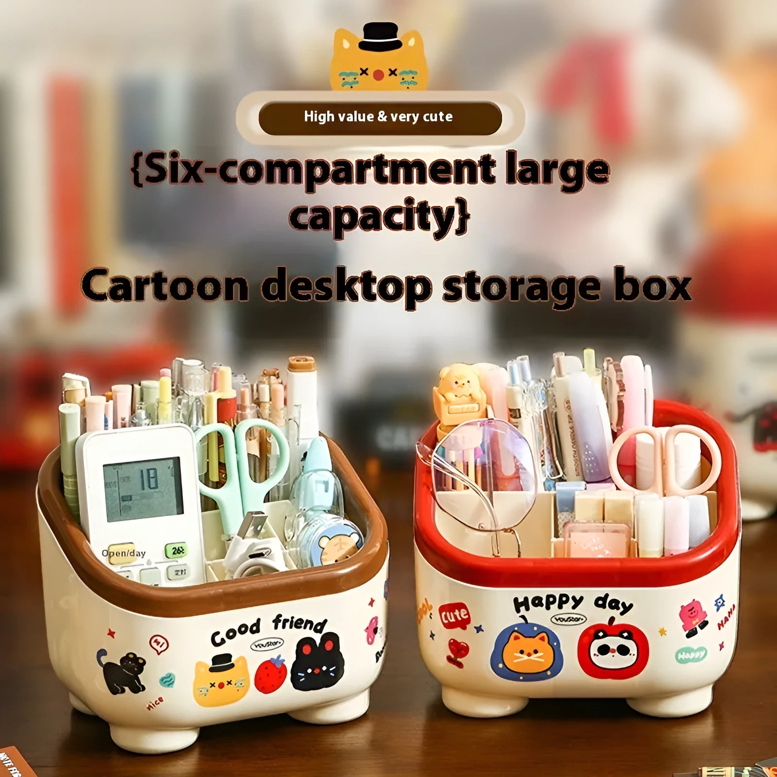 Cartoon-style plastic desktop organiser with grid compartments and labelling stickers for stationery storage