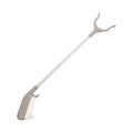 Stainless steel reacher grabber tool with push handle and non-slip chuck, 40cm long.