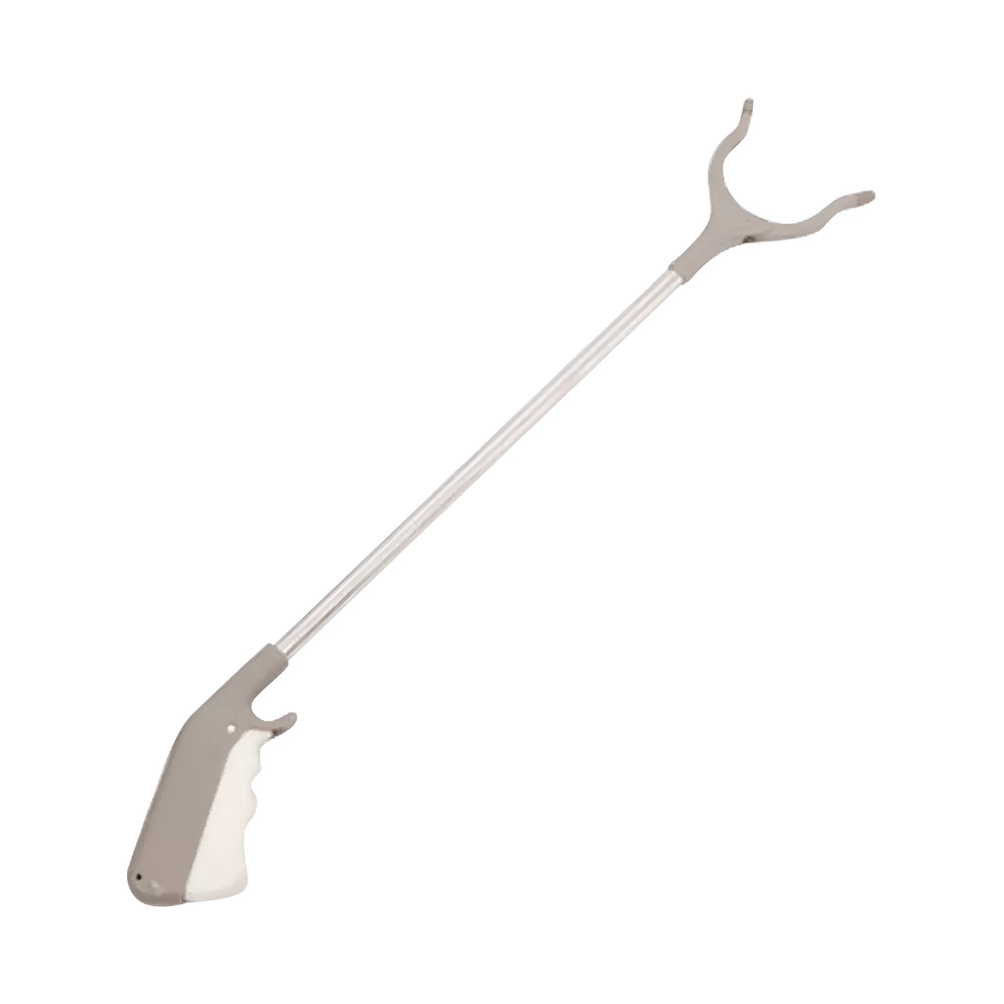 Stainless steel reacher grabber tool with push handle and non-slip chuck, 40cm long.