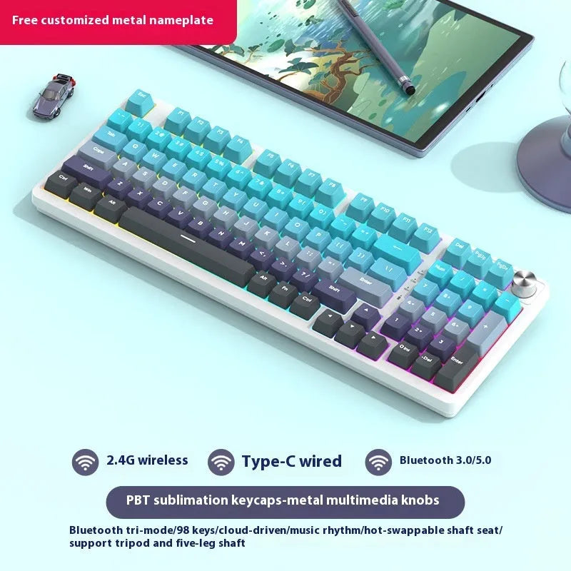 98-key wireless mechanical keyboard kit with metal control knob and optional display screen
