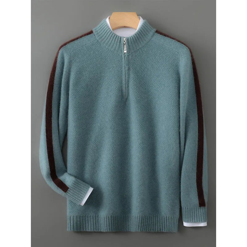 Men's slim fit sheep wool half-zip knitted sweater in Raw Velvet Camel, Pea Green, Gray, and Chinese Red colors