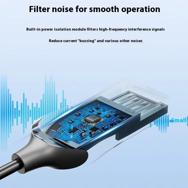 USB car Bluetooth audio receiver with zinc alloy USB plug, copper 3.5mm jack, and black PU-coated cable.