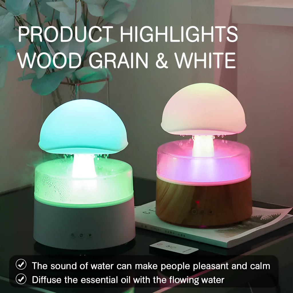 White cloud-shaped humidifier with raindrop simulation and seven-colour lighting, 500ml capacity
