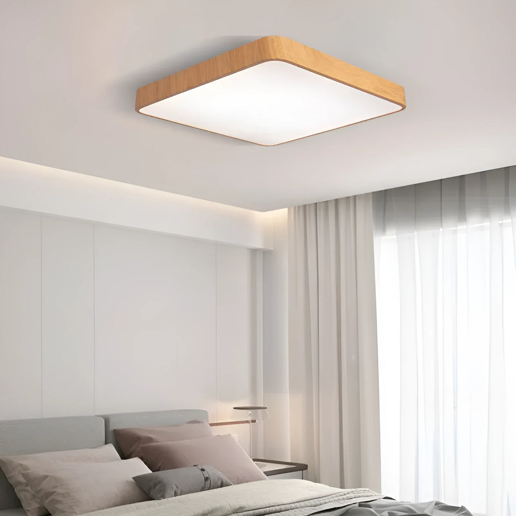 Square Nordic style LED ceiling light with wood grain frame in three size options on white background
