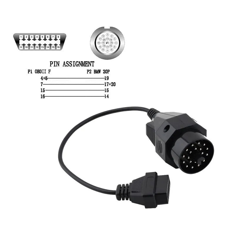BMW OBD2 diagnostic adapter cable showing 20-pin and 16-pin connectors
