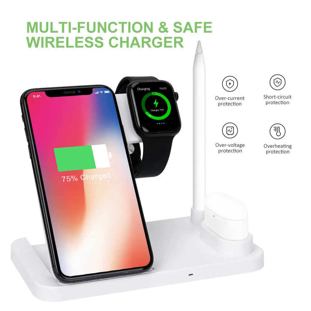 A folded 4-in-1 wireless charger for Apple devices in Space Grey, showing MagSafe pad and Apple Pencil slot.